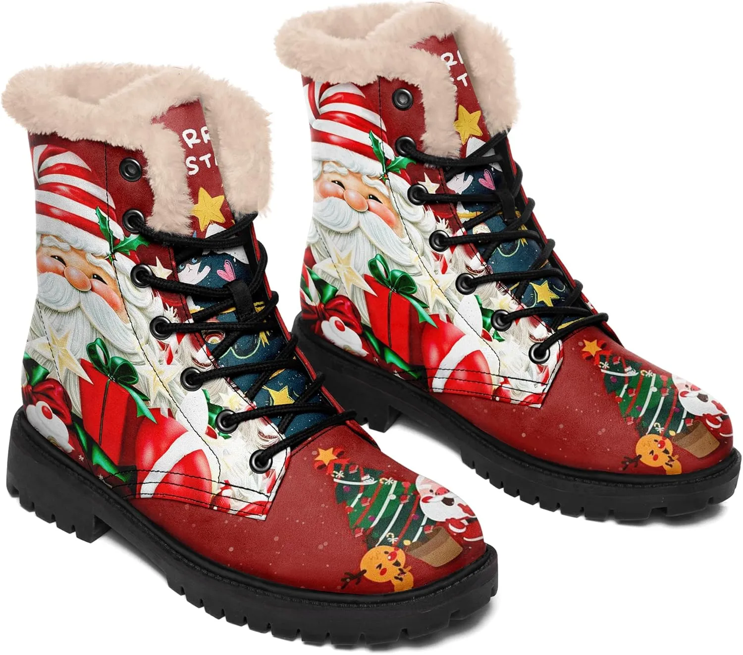 Winter Boots for Women, Custom Christmas Boots Santa Claus Print Ladies Fur Lined Lace up Ankle Boots Comfortable Warm Winter Snow Shoes Outdoor Christmas Gift