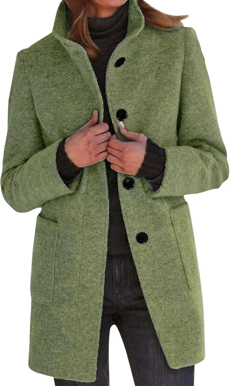 Winter Long Pea Coats for Women Wool Blend Stand Collar Single Breasted Blazer Jacket 2025 Casual Peacoat Overcoat