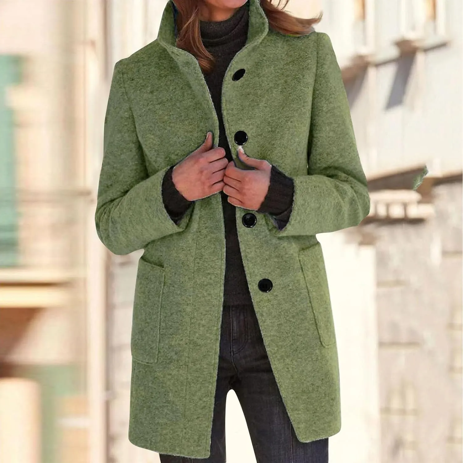 Winter Long Pea Coats for Women Wool Blend Stand Collar Single Breasted Blazer Jacket 2025 Casual Peacoat Overcoat