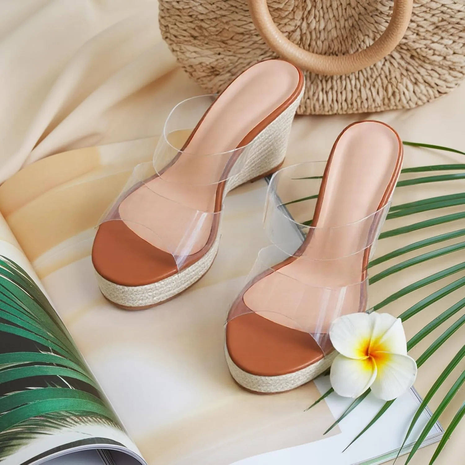 WIRALOMI Women Clear Wedge Heel Sandals Slip On Espadrilles Platform Sandals Slide Summer Beach Crystal Mules Sandals