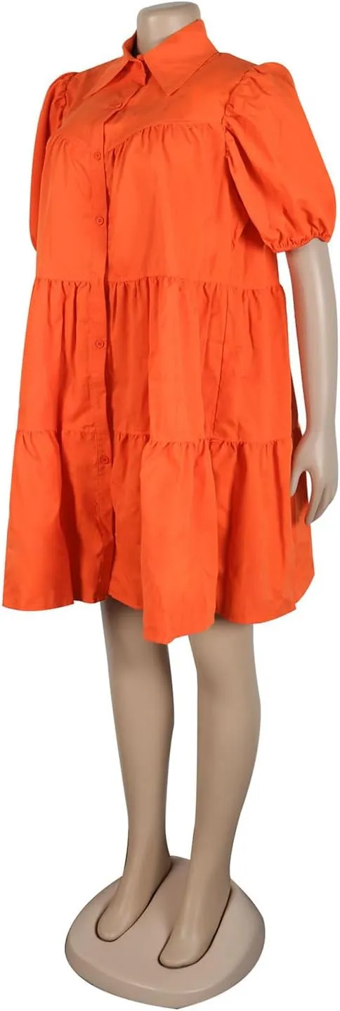 WOKANSE Women's Cute Babydoll Dresses 2024 Casual Loose Puff Sleeves Ruffle Hem Button Down Pleated Shirt Dress