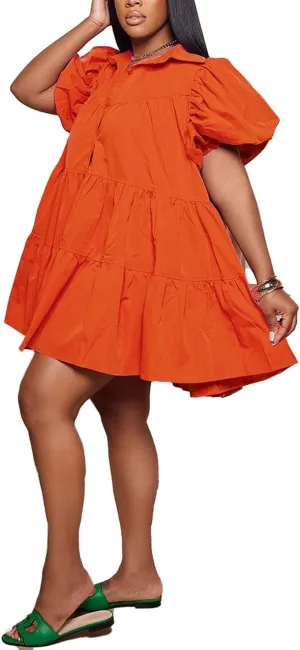 WOKANSE Women's Cute Babydoll Dresses 2024 Casual Loose Puff Sleeves Ruffle Hem Button Down Pleated Shirt Dress