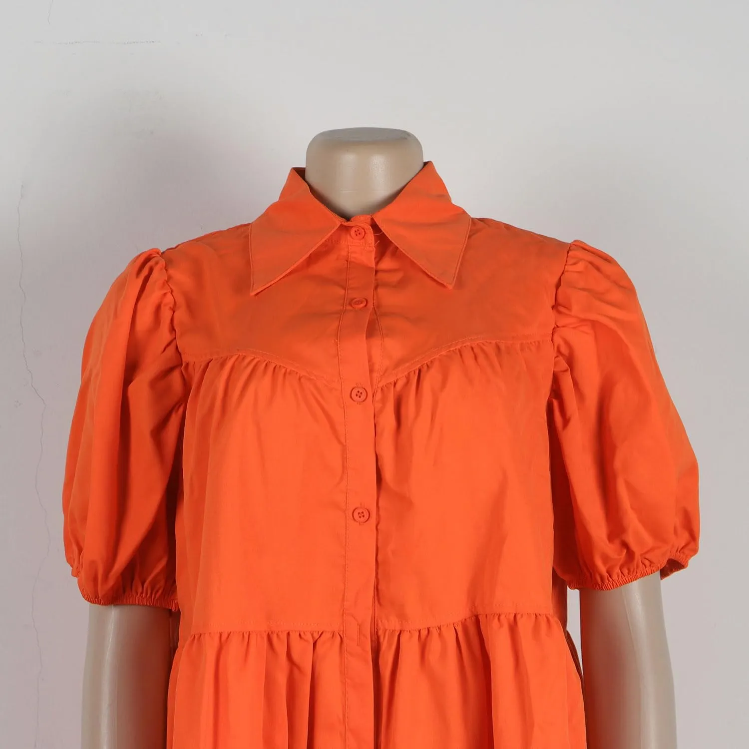 WOKANSE Women's Cute Babydoll Dresses 2024 Casual Loose Puff Sleeves Ruffle Hem Button Down Pleated Shirt Dress