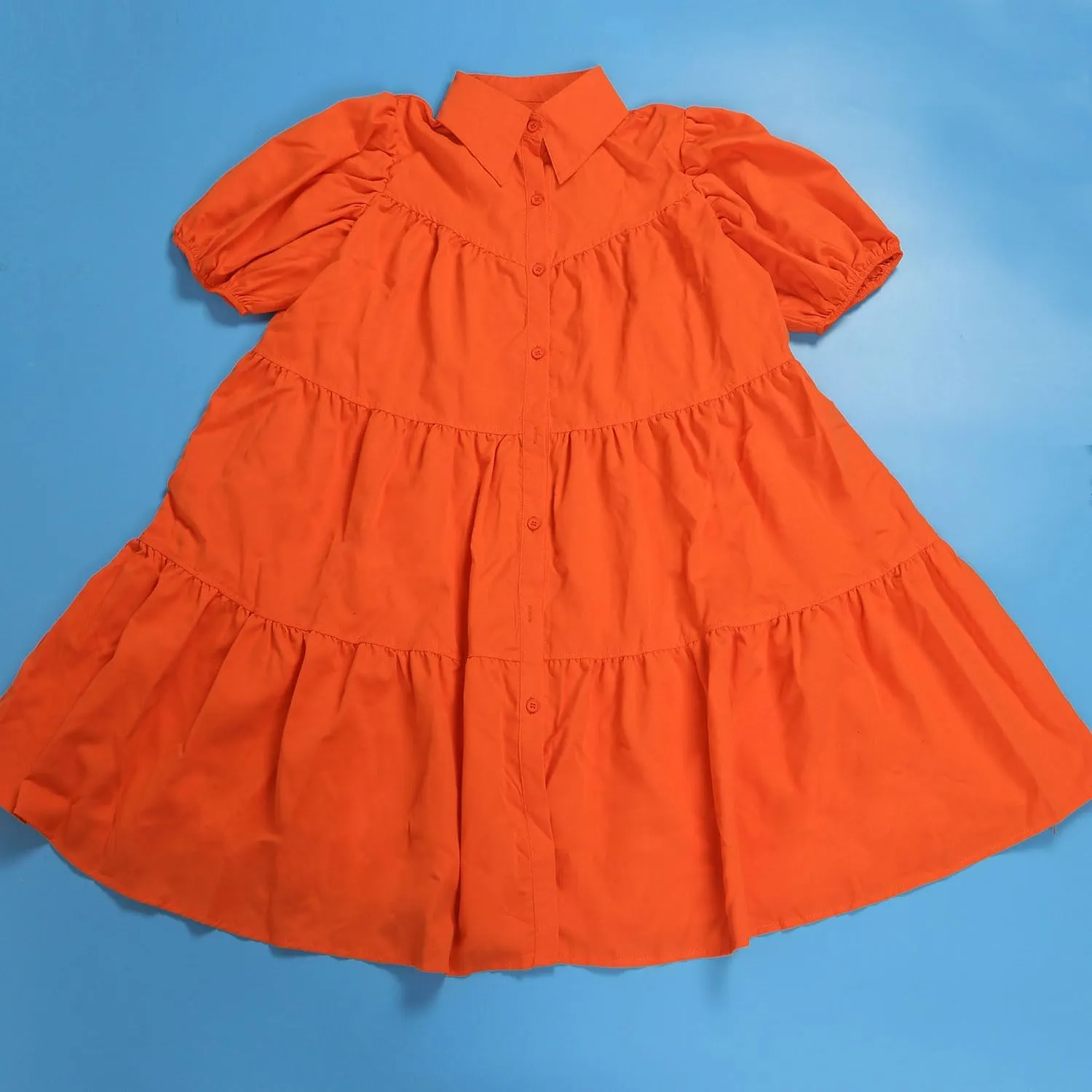 WOKANSE Women's Cute Babydoll Dresses 2024 Casual Loose Puff Sleeves Ruffle Hem Button Down Pleated Shirt Dress