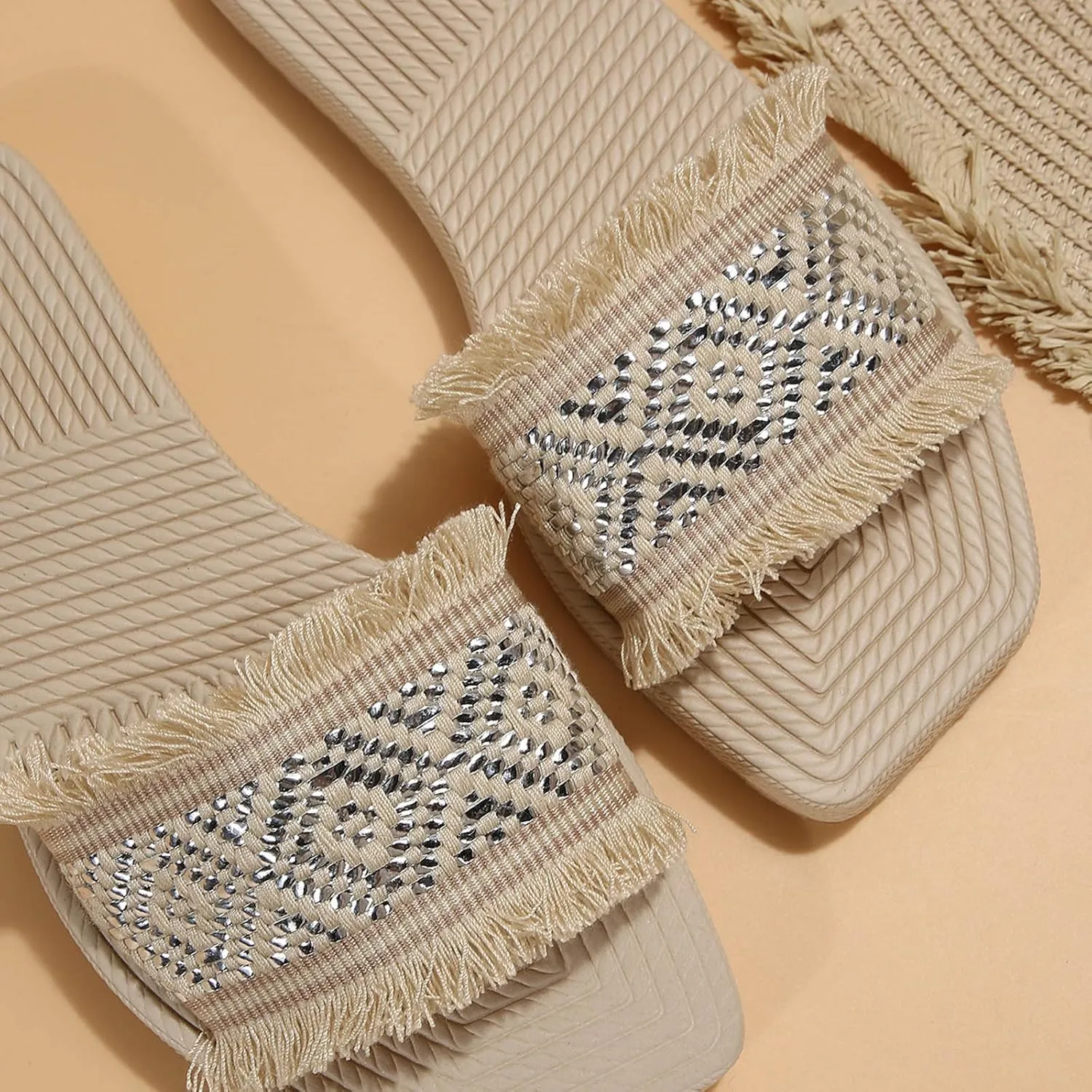 Women Bohemian Square Toe Slipper Solid Smash Lounge Sandal Slip on Summer Spring Slide Non-Slip Casual Flat