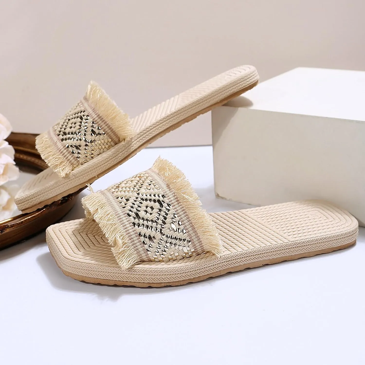Women Bohemian Square Toe Slipper Solid Smash Lounge Sandal Slip on Summer Spring Slide Non-Slip Casual Flat