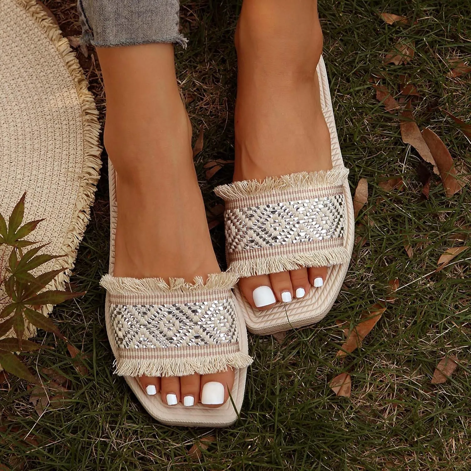 Women Bohemian Square Toe Slipper Solid Smash Lounge Sandal Slip on Summer Spring Slide Non-Slip Casual Flat