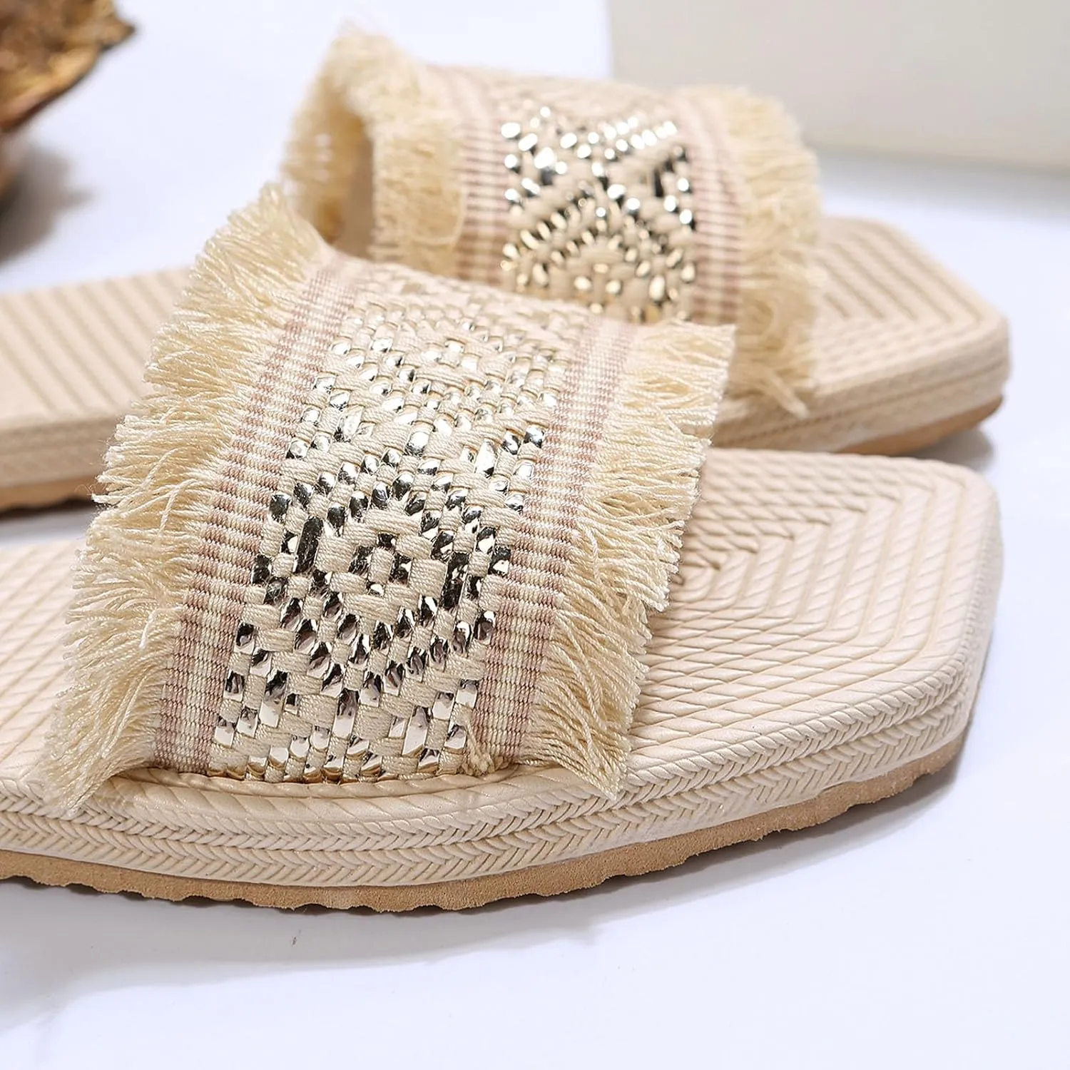Women Bohemian Square Toe Slipper Solid Smash Lounge Sandal Slip on Summer Spring Slide Non-Slip Casual Flat