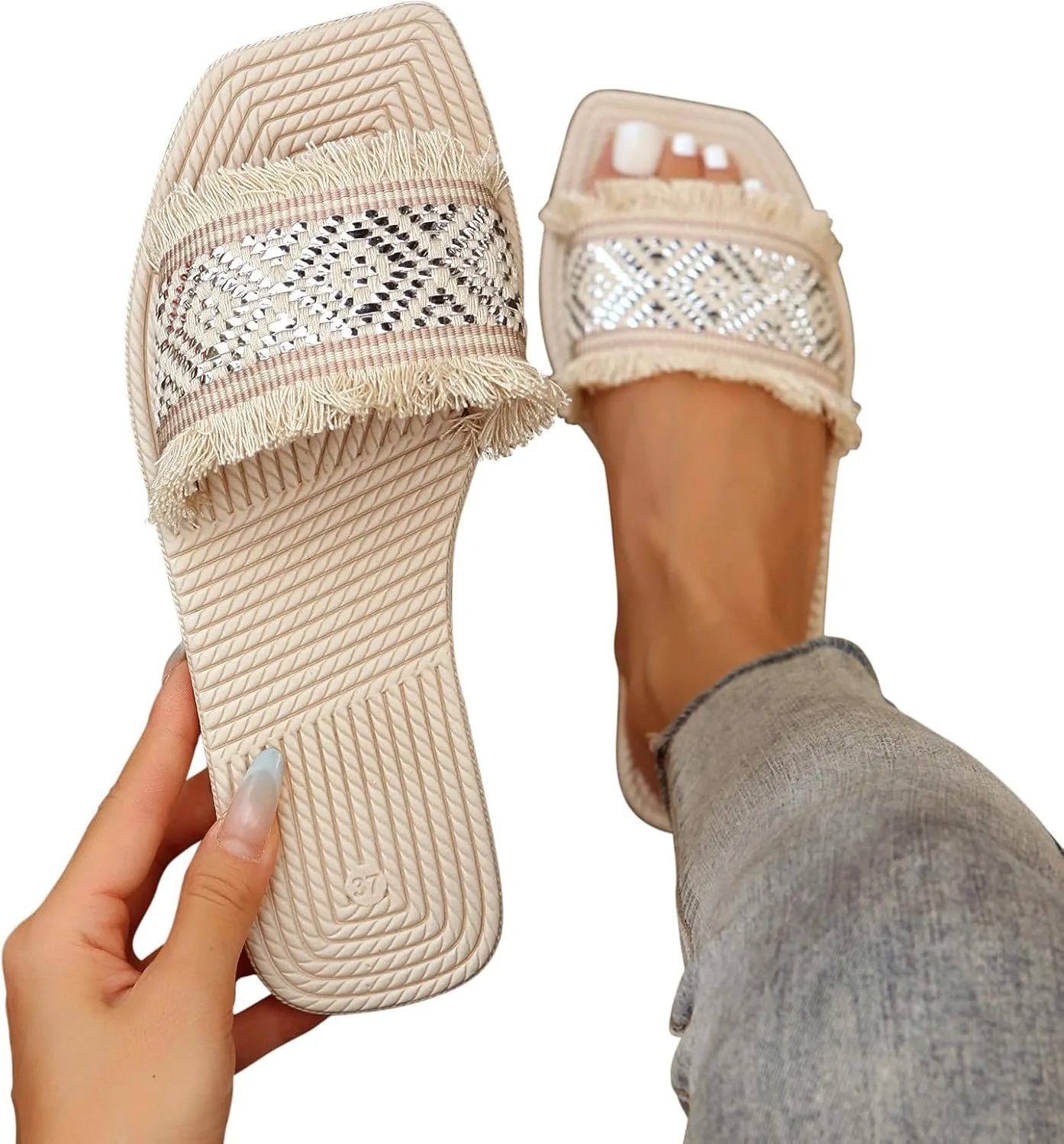 Women Bohemian Square Toe Slipper Solid Smash Lounge Sandal Slip on Summer Spring Slide Non-Slip Casual Flat