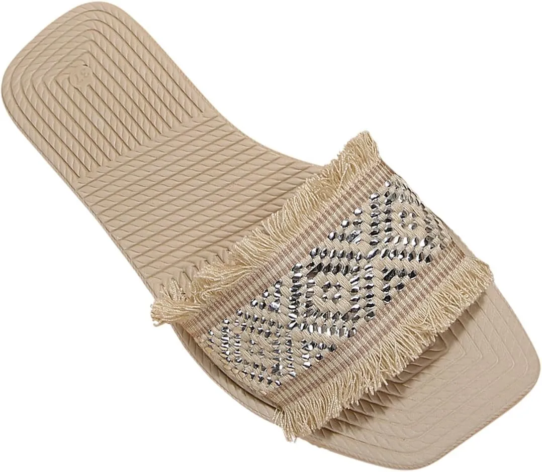 Women Bohemian Square Toe Slipper Solid Smash Lounge Sandal Slip on Summer Spring Slide Non-Slip Casual Flat