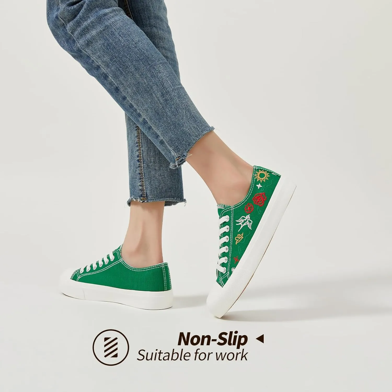 Women Canvas Sneakers with Embroidered Flower,Lace up White Tennis Shoes,Casual Low Top Fashion Sneakers