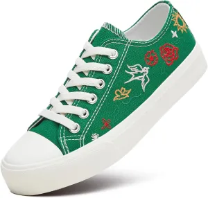 Women Canvas Sneakers with Embroidered Flower,Lace up White Tennis Shoes,Casual Low Top Fashion Sneakers