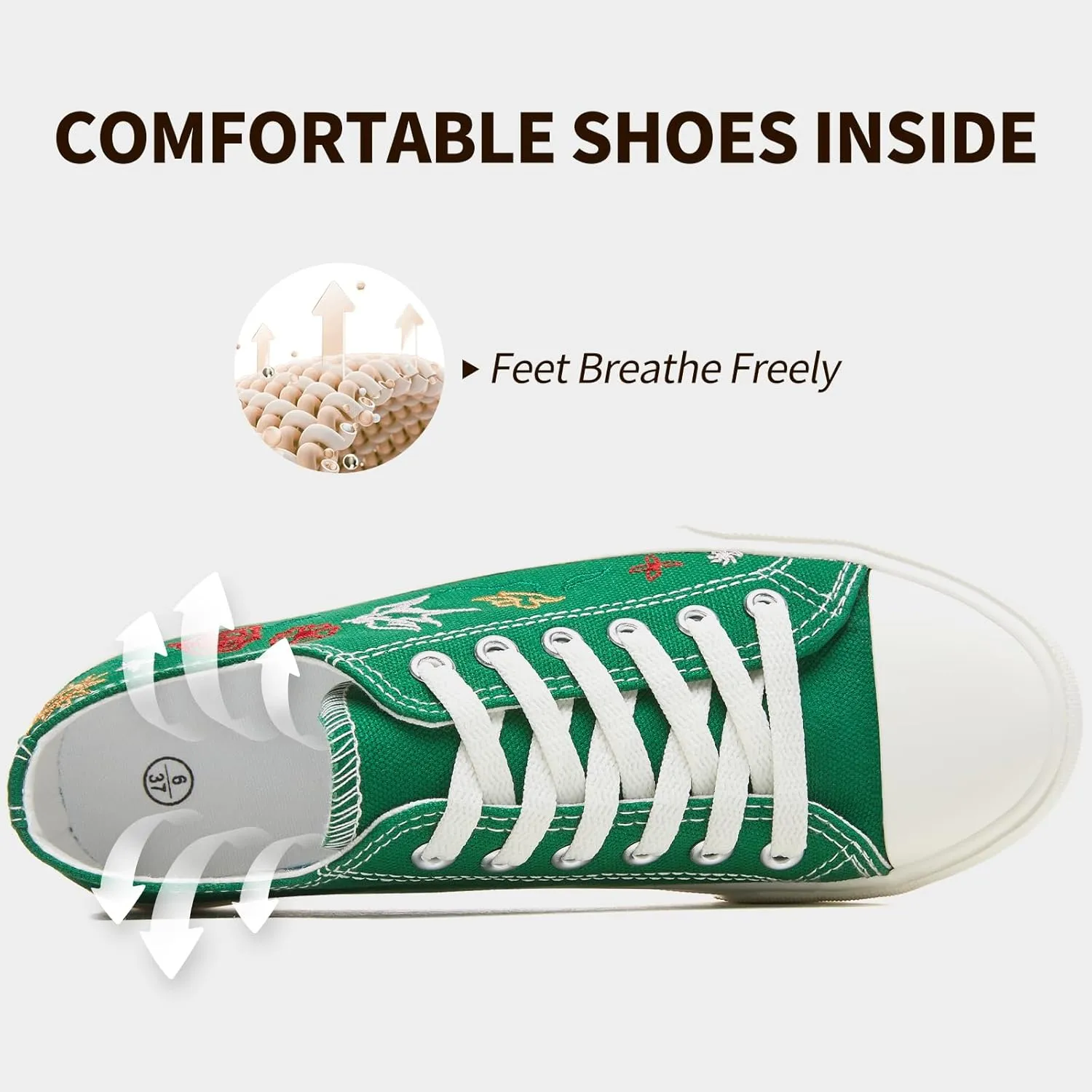 Women Canvas Sneakers with Embroidered Flower,Lace up White Tennis Shoes,Casual Low Top Fashion Sneakers