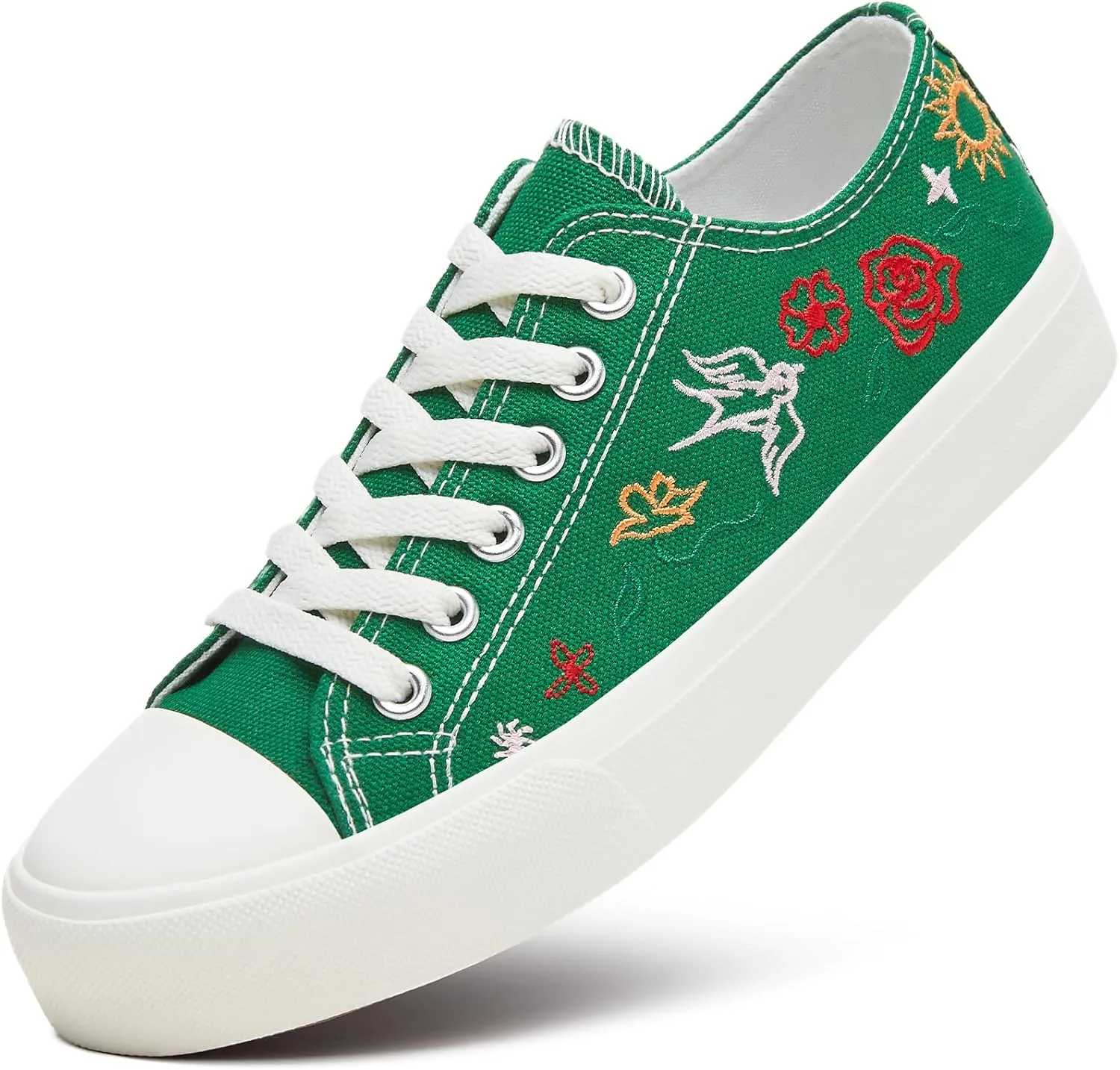 Women Canvas Sneakers with Embroidered Flower,Lace up White Tennis Shoes,Casual Low Top Fashion Sneakers