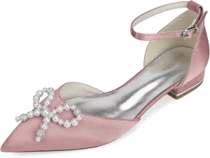 Women Classic Pointed Toe D'orsay Wedding Flat Sandals Sparkly Pearls Ankle Strap Satin Low Heel Dress Shoes
