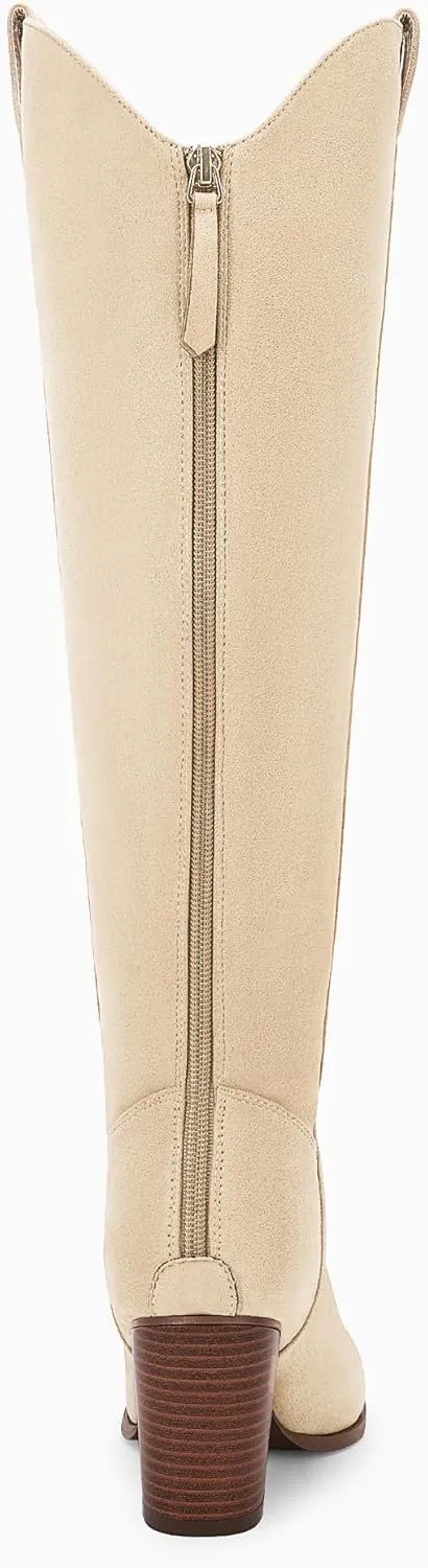 Women Cowboy Knee High Boots Chunky Block Heel Square Toe Tall Riding Boots