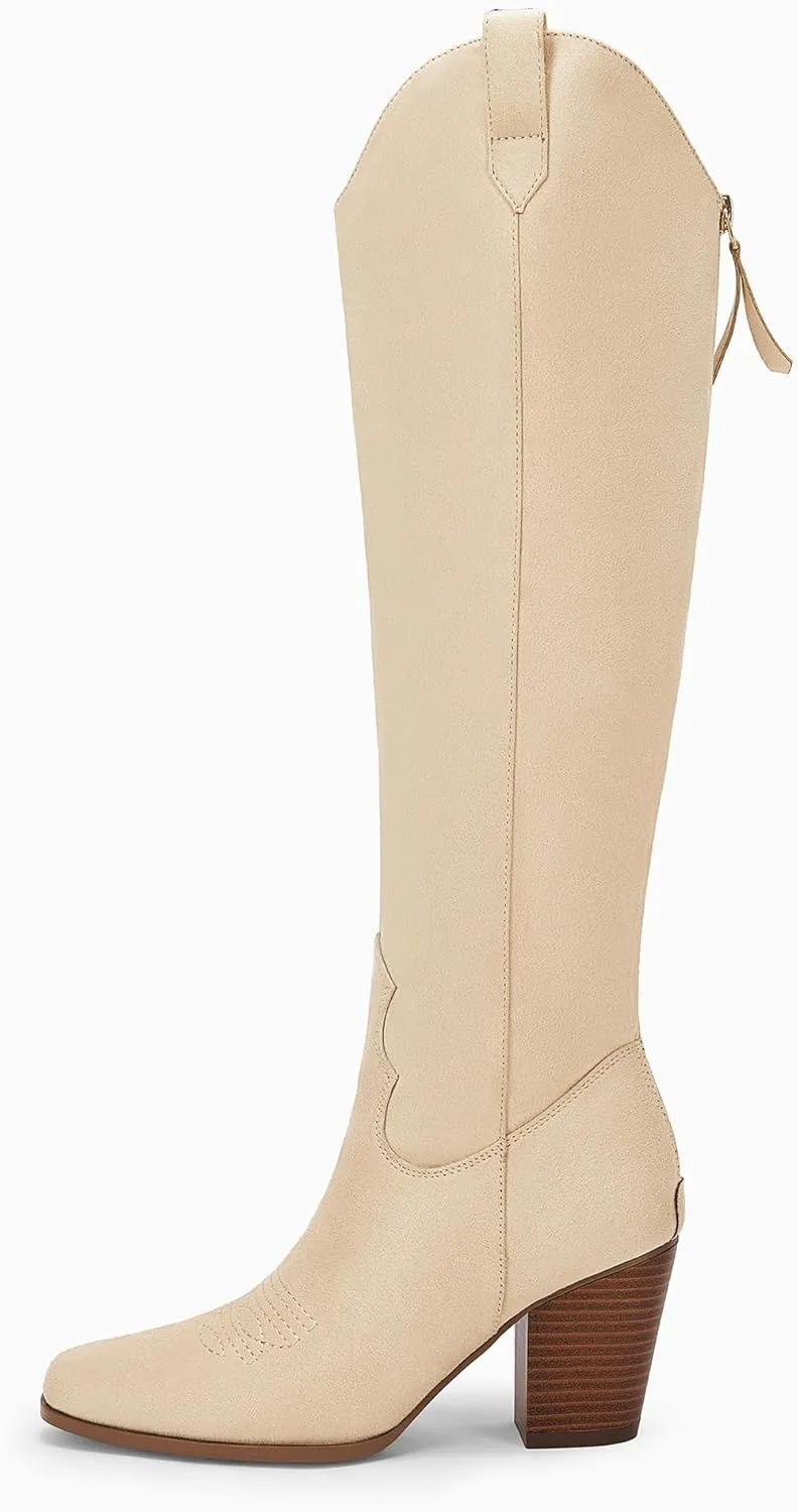Women Cowboy Knee High Boots Chunky Block Heel Square Toe Tall Riding Boots