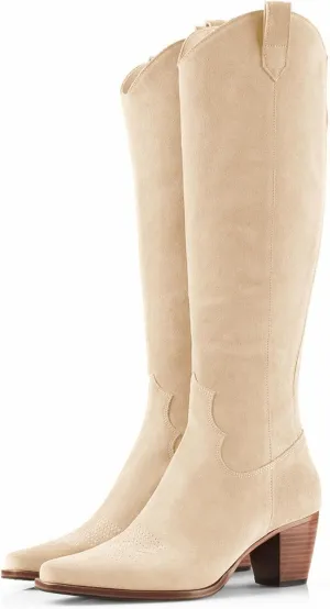 Women Cowboy Knee High Boots Chunky Block Heel Square Toe Tall Riding Boots