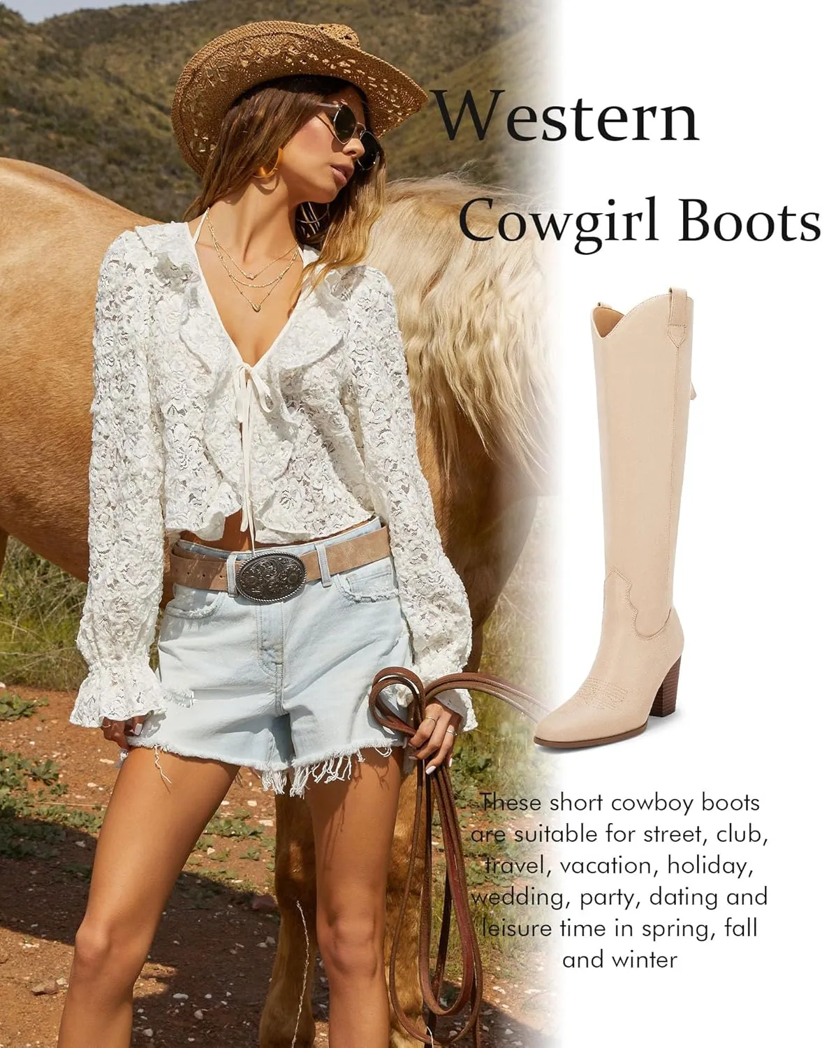 Women Cowboy Knee High Boots Chunky Block Heel Square Toe Tall Riding Boots