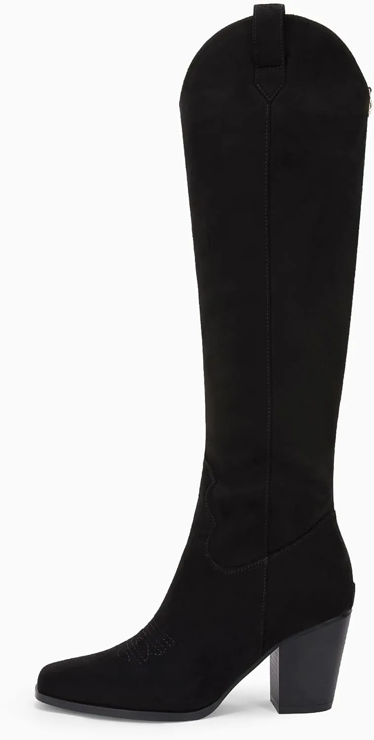 Women Cowboy Knee High Boots Chunky Block Heel Square Toe Tall Riding Boots