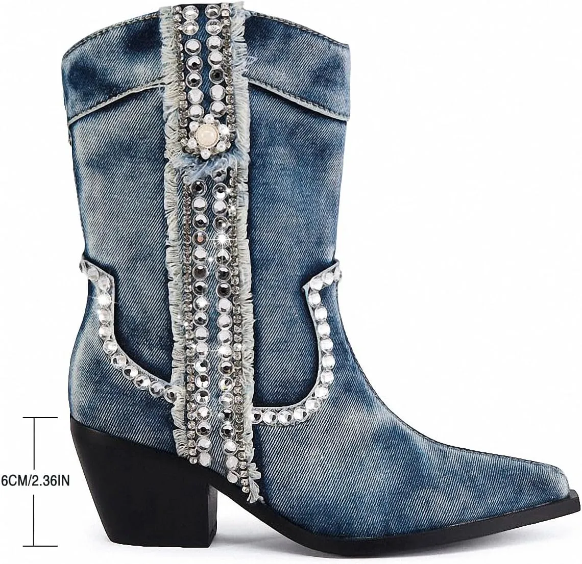 Women Denim Rhinestones Cowboy Mid Calf Boots Almond Pointed Chunky Block Heel Sparkly wide calf Western Boots