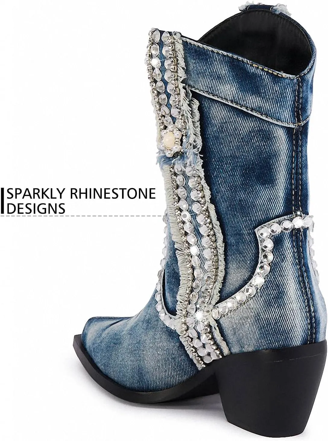 Women Denim Rhinestones Cowboy Mid Calf Boots Almond Pointed Chunky Block Heel Sparkly wide calf Western Boots