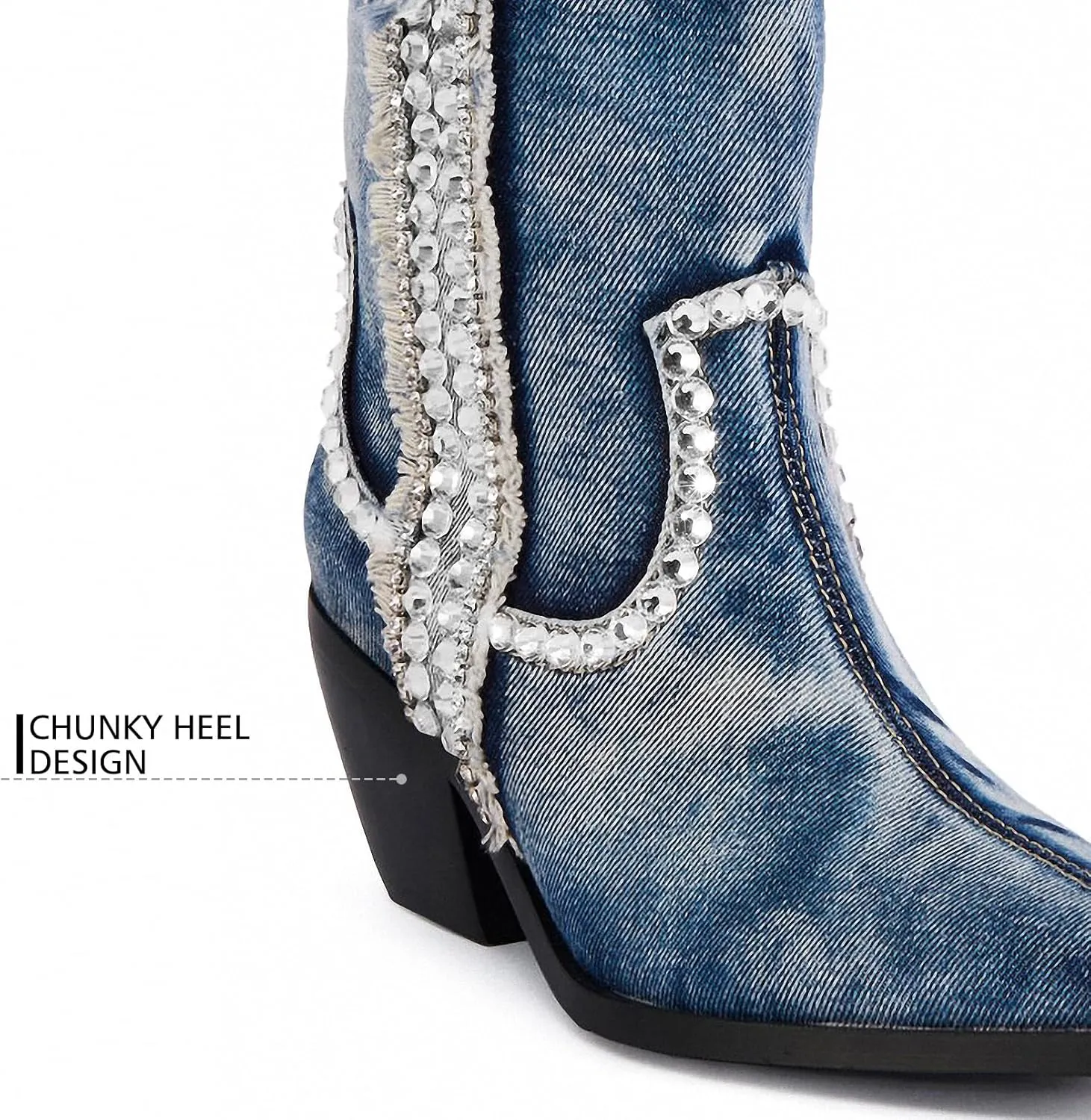 Women Denim Rhinestones Cowboy Mid Calf Boots Almond Pointed Chunky Block Heel Sparkly wide calf Western Boots