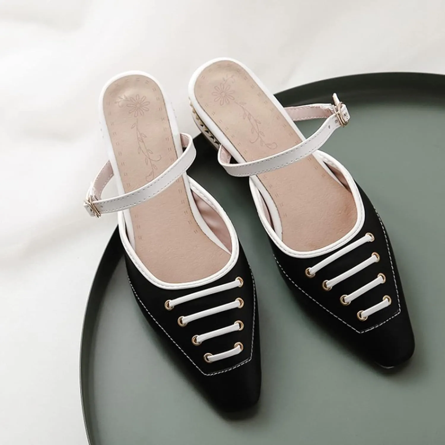 Women Fashion Low Heel Dress Mules Adjustable Buckle Patchwork Square Toe Slip on Backless Slides