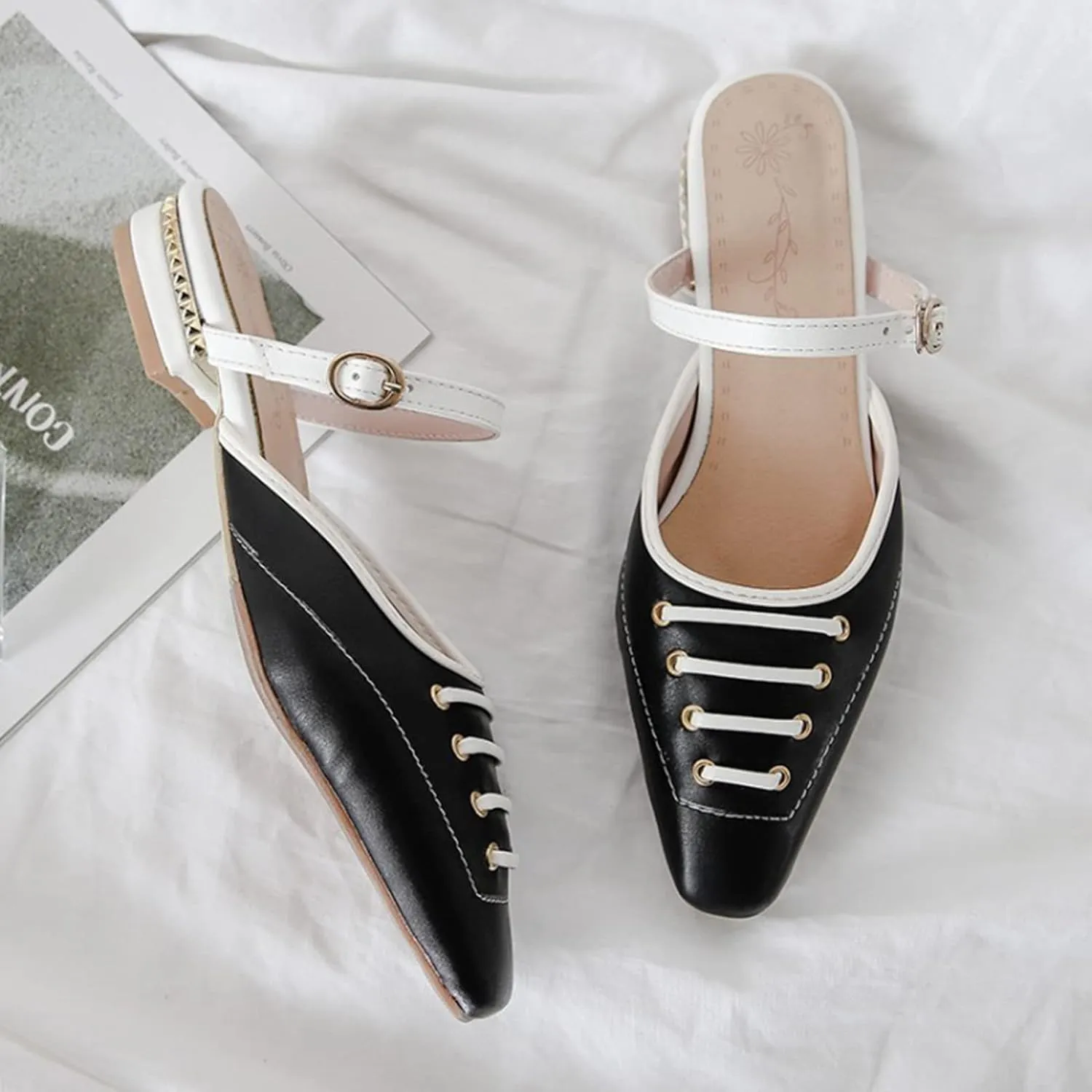 Women Fashion Low Heel Dress Mules Adjustable Buckle Patchwork Square Toe Slip on Backless Slides