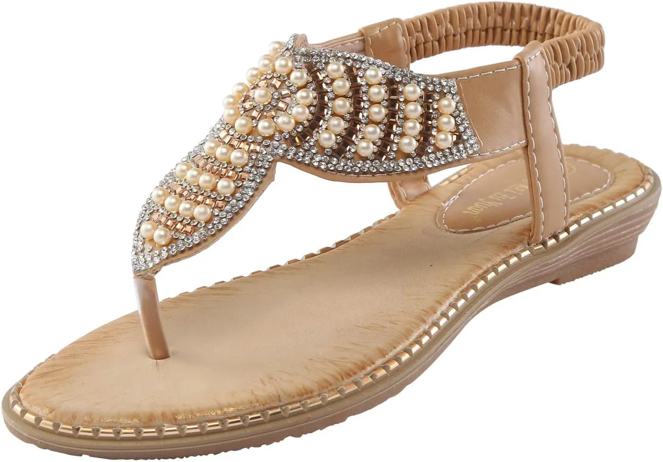 Women Flat Sandals Bohemia Pearl Sequins Summer Dress Shoes Open Toe Comfort Slingback Elastic Ankle Strap Sandals