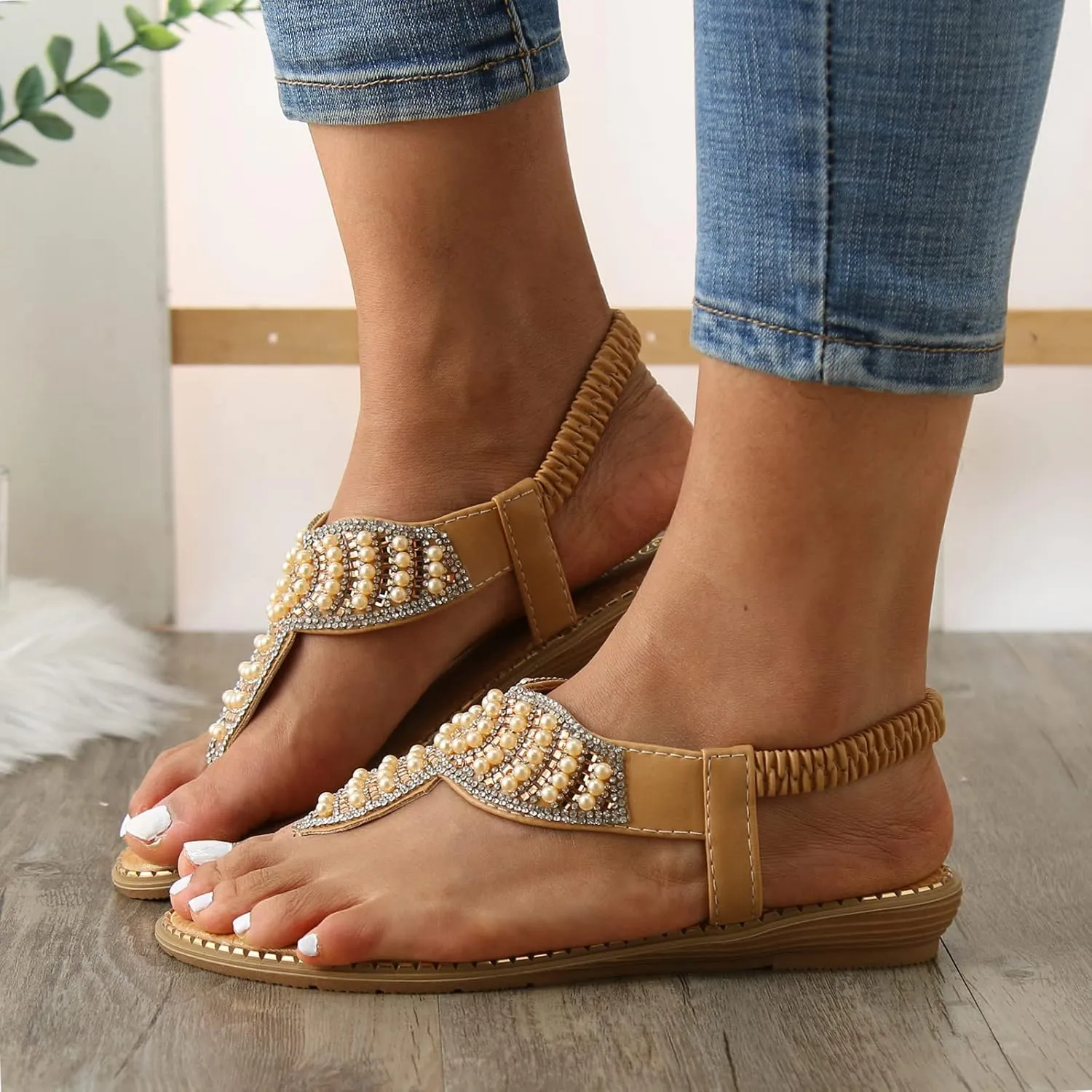 Women Flat Sandals Bohemia Pearl Sequins Summer Dress Shoes Open Toe Comfort Slingback Elastic Ankle Strap Sandals