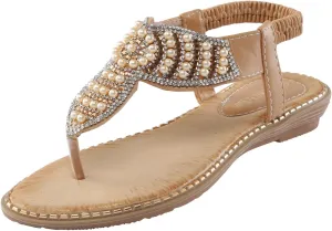 Women Flat Sandals Bohemia Pearl Sequins Summer Dress Shoes Open Toe Comfort Slingback Elastic Ankle Strap Sandals