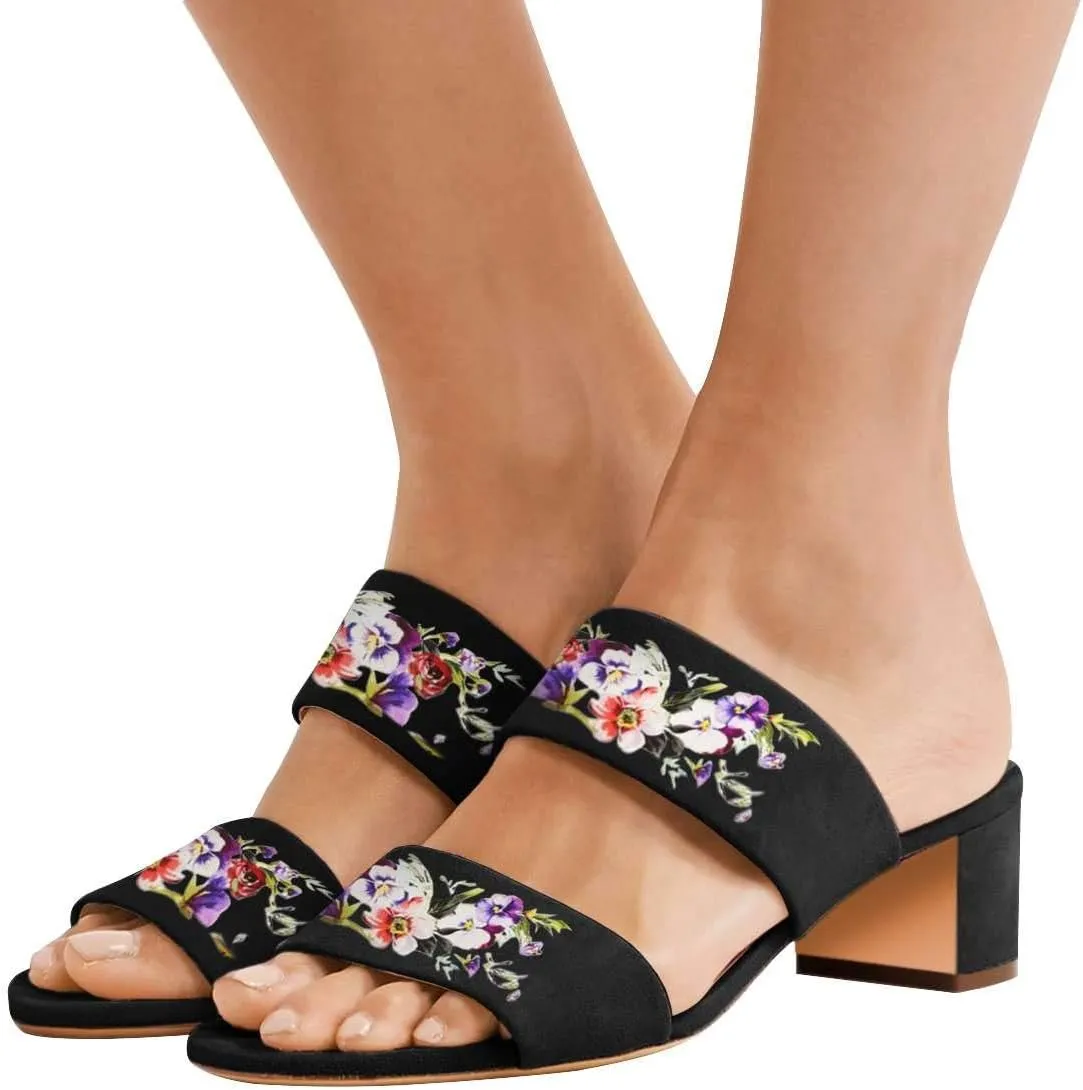 Women Open Toe Low Heel Slide Sandals Two Piece Block Pumps Floral Casual Mules Shoes
