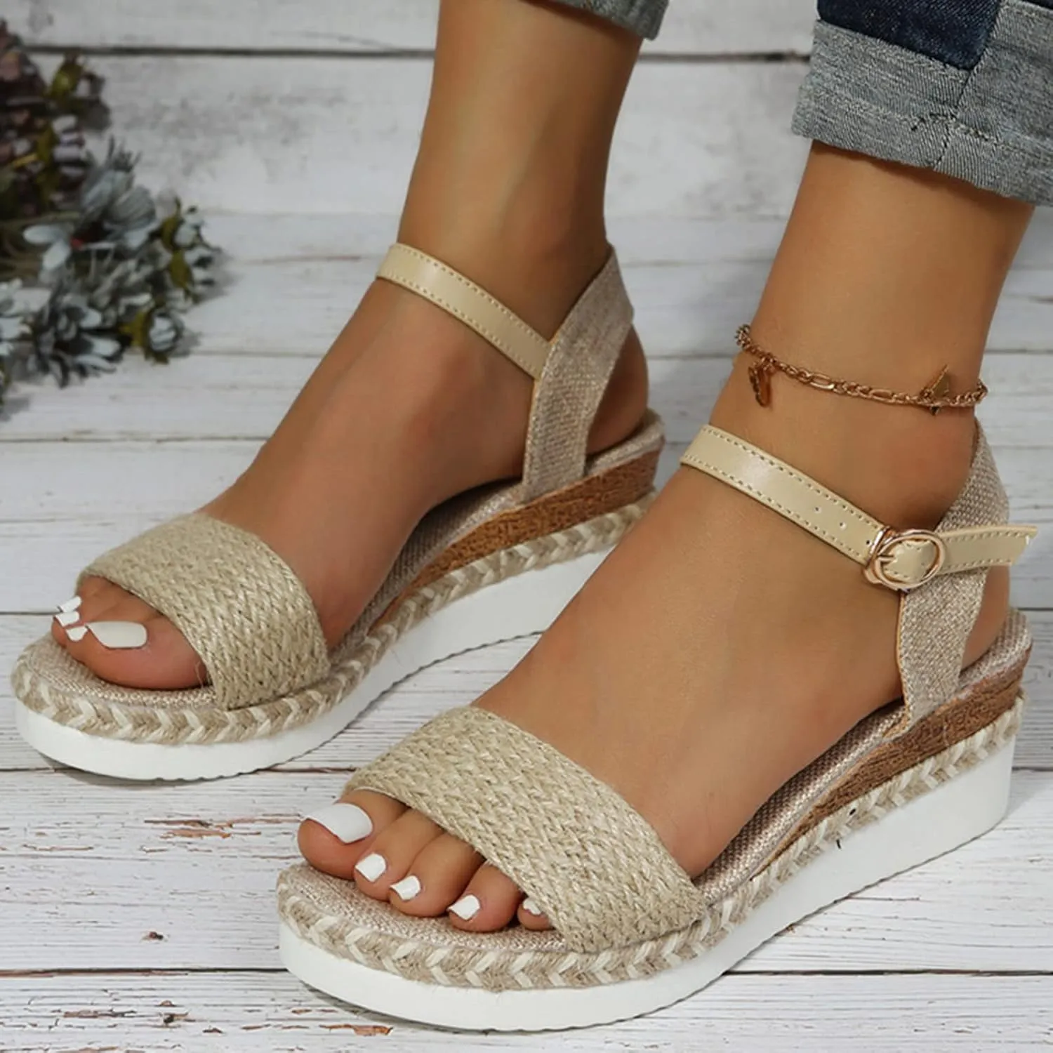 Women Open Toe Sandals Ladies Fashion Summer Open Toe Straw Rope Upper Wedge Heel Thick Sole Sandals