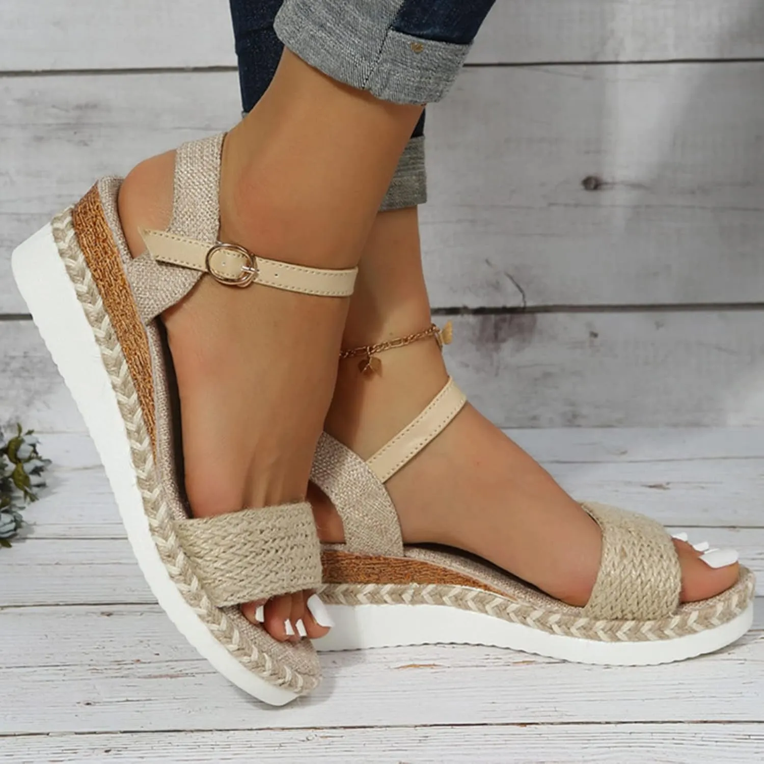 Women Open Toe Sandals Ladies Fashion Summer Open Toe Straw Rope Upper Wedge Heel Thick Sole Sandals