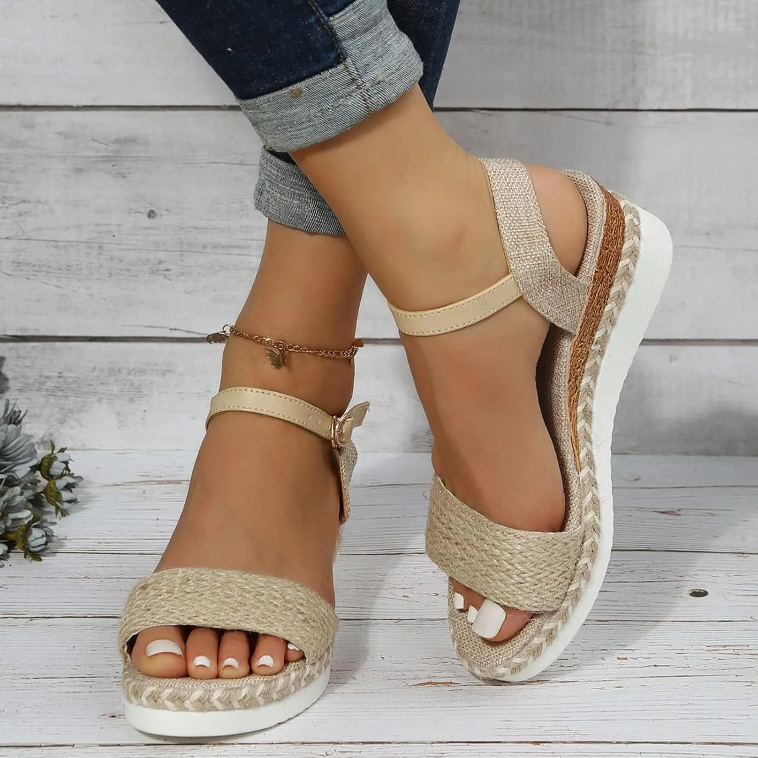 Women Open Toe Sandals Ladies Fashion Summer Open Toe Straw Rope Upper Wedge Heel Thick Sole Sandals