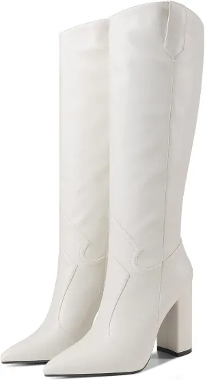 Women Pointed Toe Cowboy Knee High Boots Block Heel Solid Dress Shoes Oil Leather Embossed Boot
