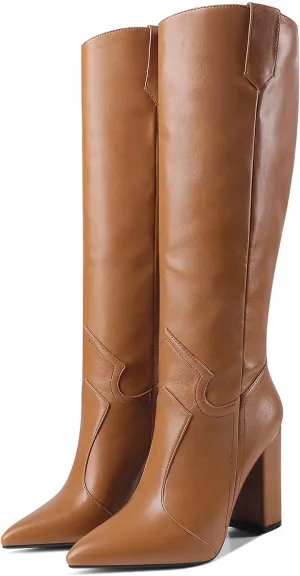 Women Pointed Toe Cowboy Knee High Boots Block Heel Solid Dress Shoes Oil Leather Embossed Boot