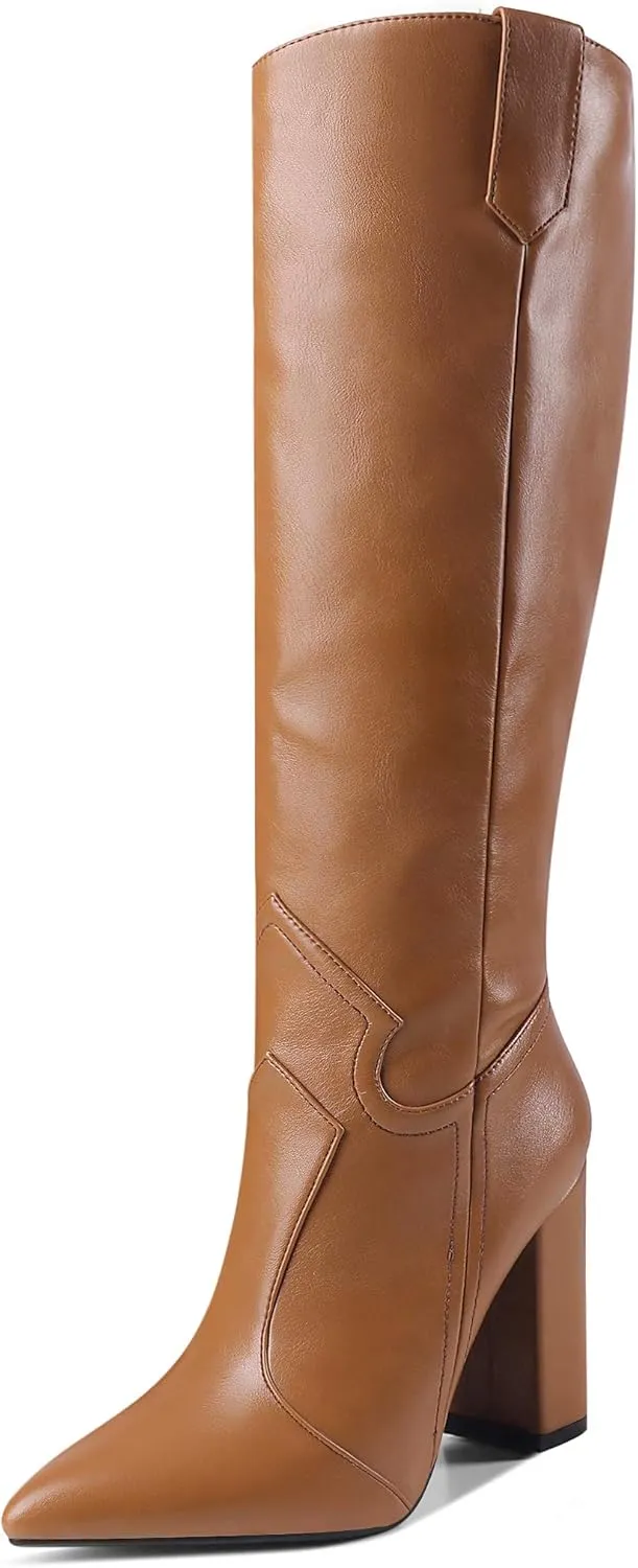 Women Pointed Toe Cowboy Knee High Boots Block Heel Solid Dress Shoes Oil Leather Embossed Boot
