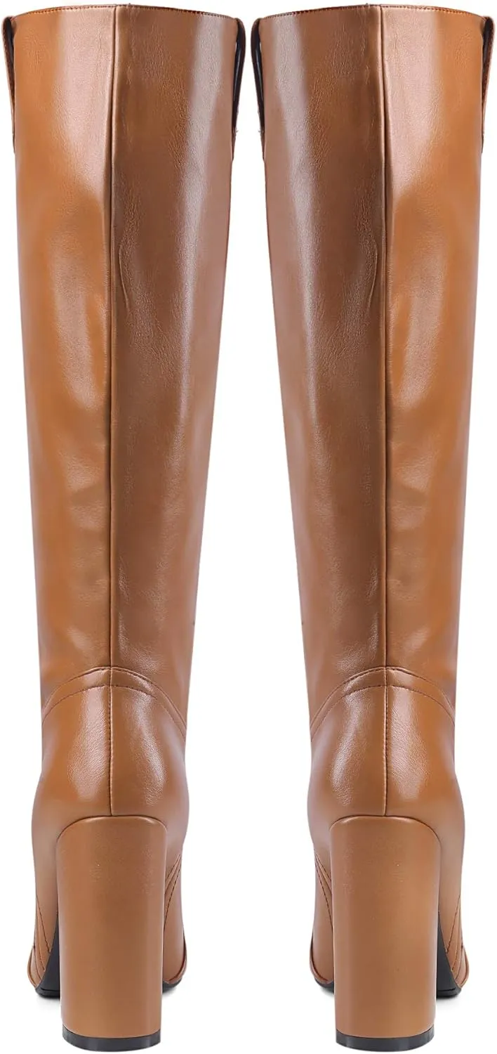 Women Pointed Toe Cowboy Knee High Boots Block Heel Solid Dress Shoes Oil Leather Embossed Boot