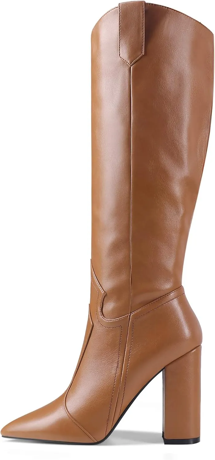 Women Pointed Toe Cowboy Knee High Boots Block Heel Solid Dress Shoes Oil Leather Embossed Boot