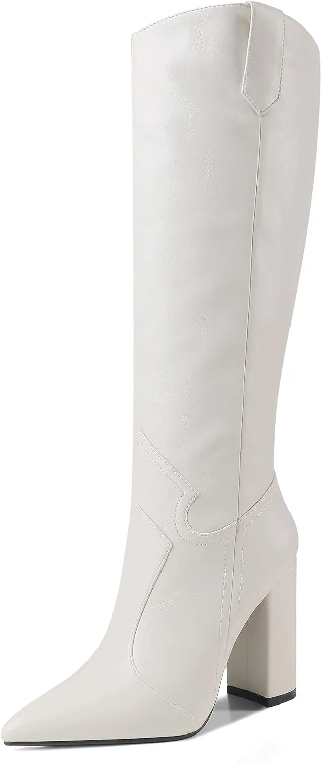 Women Pointed Toe Cowboy Knee High Boots Block Heel Solid Dress Shoes Oil Leather Embossed Boot