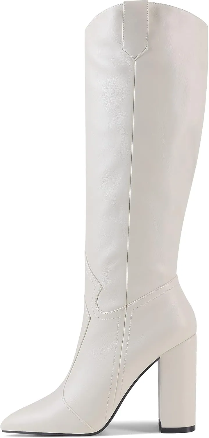 Women Pointed Toe Cowboy Knee High Boots Block Heel Solid Dress Shoes Oil Leather Embossed Boot