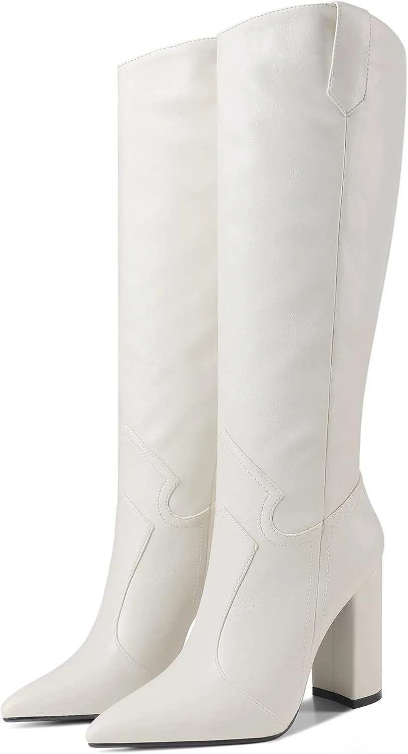 Women Pointed Toe Cowboy Knee High Boots Block Heel Solid Dress Shoes Oil Leather Embossed Boot