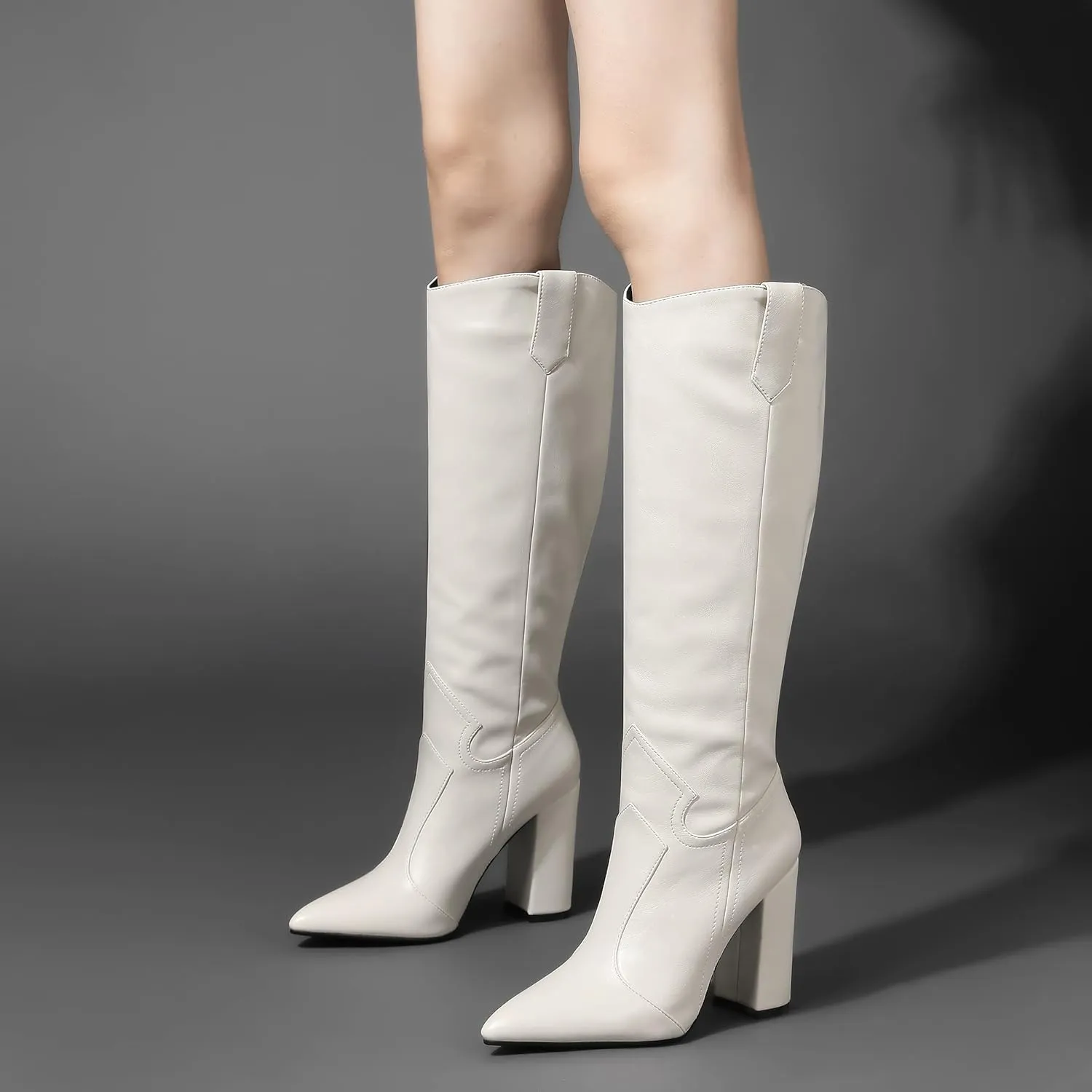 Women Pointed Toe Cowboy Knee High Boots Block Heel Solid Dress Shoes Oil Leather Embossed Boot