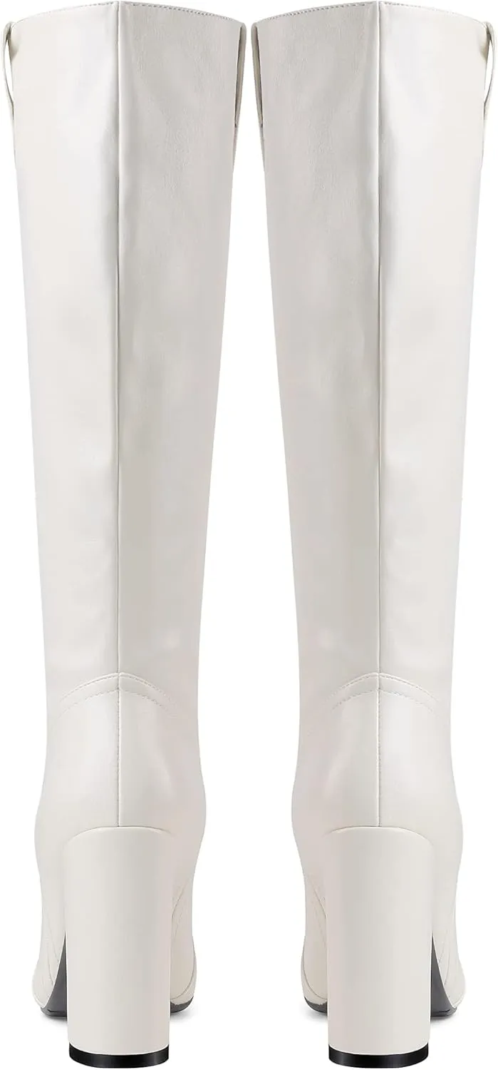 Women Pointed Toe Cowboy Knee High Boots Block Heel Solid Dress Shoes Oil Leather Embossed Boot