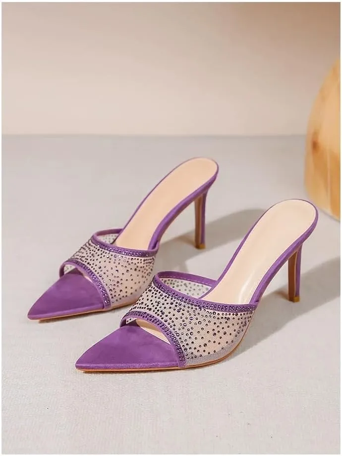 Women Rhinestone Mesh Stiletto Heels Slip On Mules Open Pointed Toe Pumps Crystal Embellished Heeled Sandals Party Dressy Slides Shoes