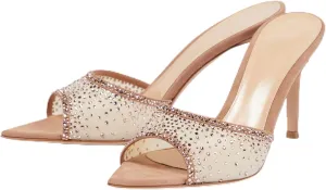 Women Rhinestone Mesh Stiletto Heels Slip On Mules Open Pointed Toe Pumps Crystal Embellished Heeled Sandals Party Dressy Slides Shoes