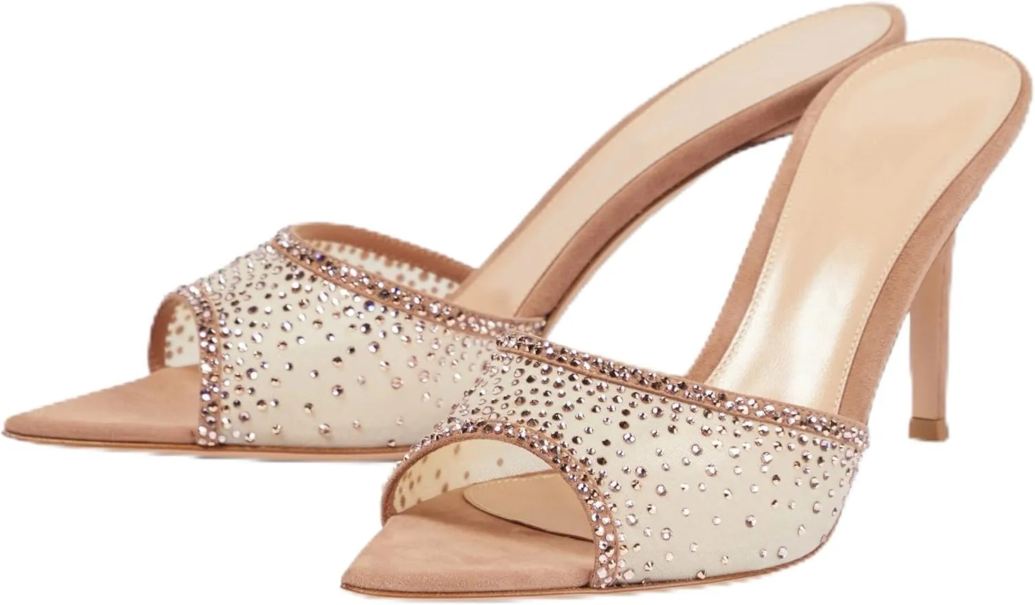 Women Rhinestone Mesh Stiletto Heels Slip On Mules Open Pointed Toe Pumps Crystal Embellished Heeled Sandals Party Dressy Slides Shoes