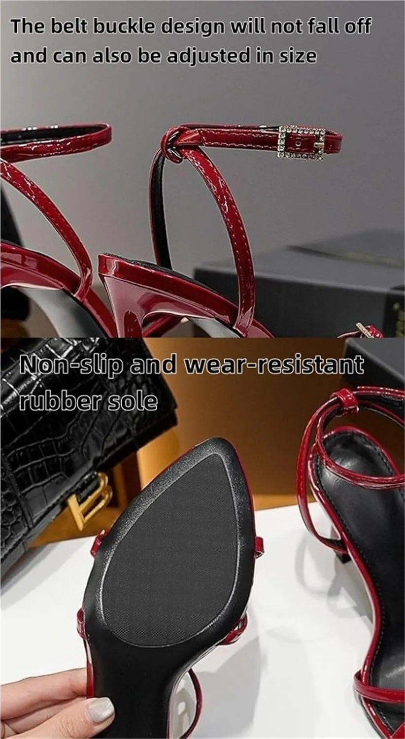 Women Sandal Stiletto Heels Ankle Strap Buckle Open Toe Leather Heeled Sandals For Party Night Wedding Work Dressy Formal